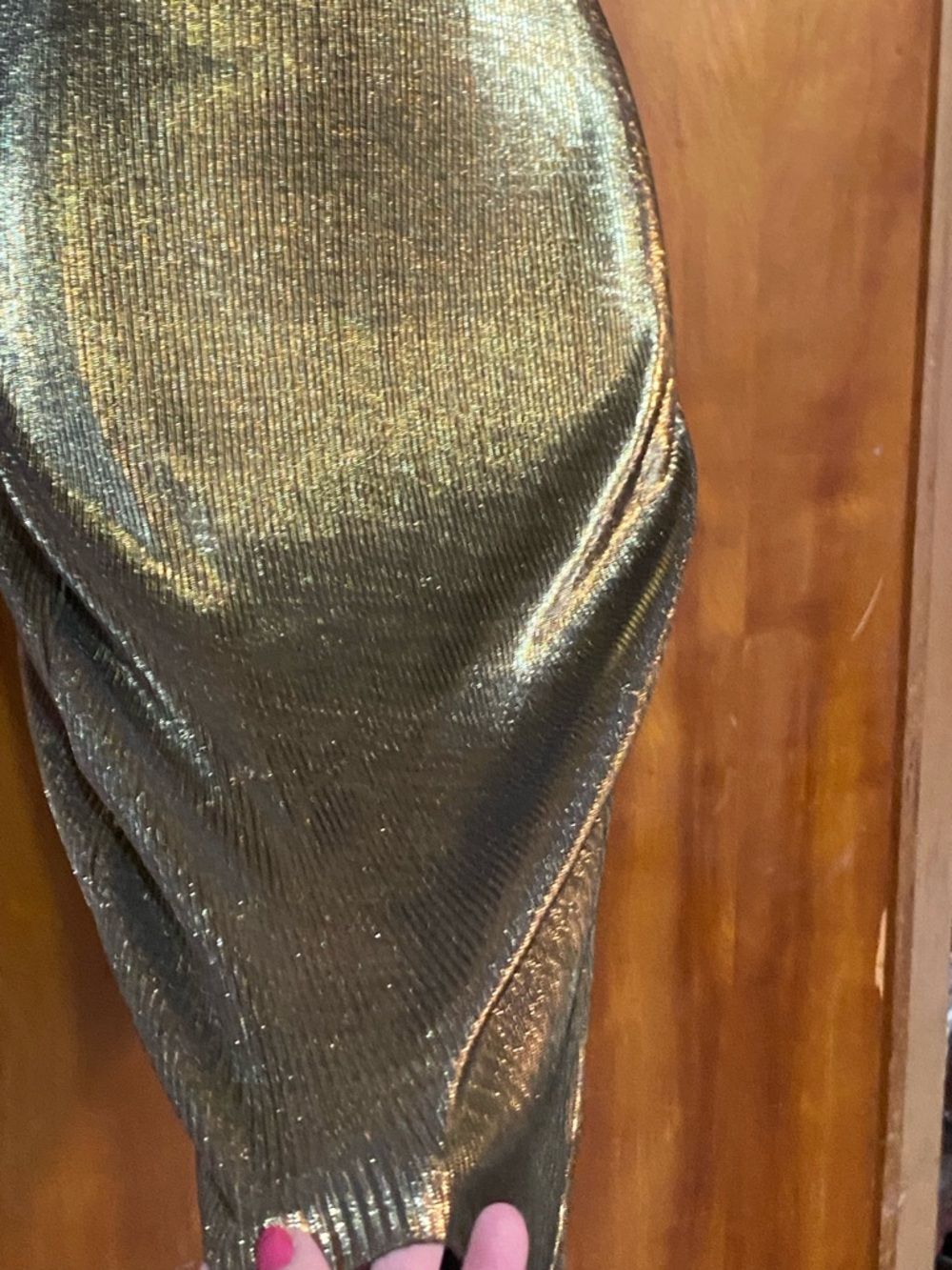 NWOT “BooHoo Night” party slip dress, metallic gold over black ribbed stretch, 4 - Picture 4 of 10